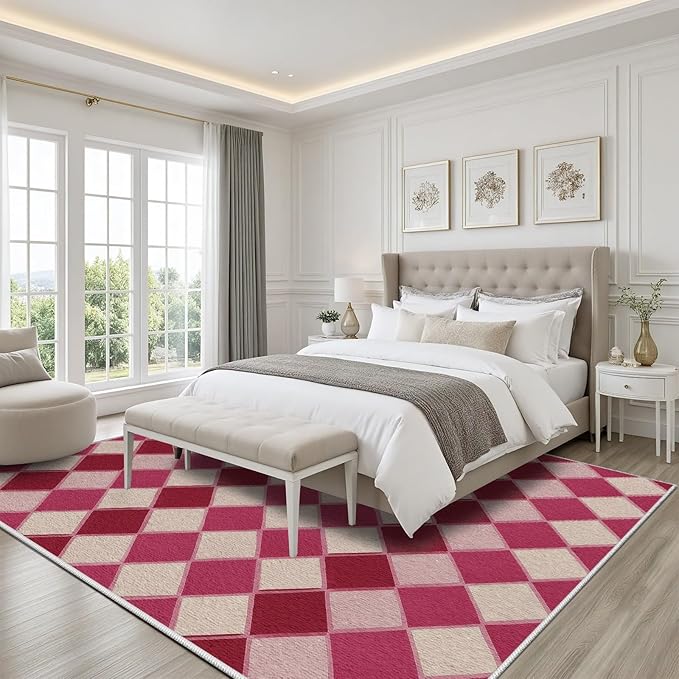 Plaid Rug, Soft Ultra Soft Faux Wool Rhombus Geometric Rugs, Indoor Floor Mats Carpet, Non Slip&Non-Shedding Low Pile Washable Rugs, Modern Red 6x9 Area Rug for Bedroom Home Decor