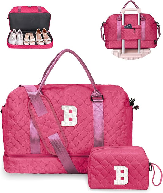Vogewood Sweet 15 Gifts for Girls-Initial Travel Bag with Shoe Compartment, Personalized Weekender Bag, Monogram Overnight Bag for Women, Letter Travel Bag with Makeup Bag (Letter B)