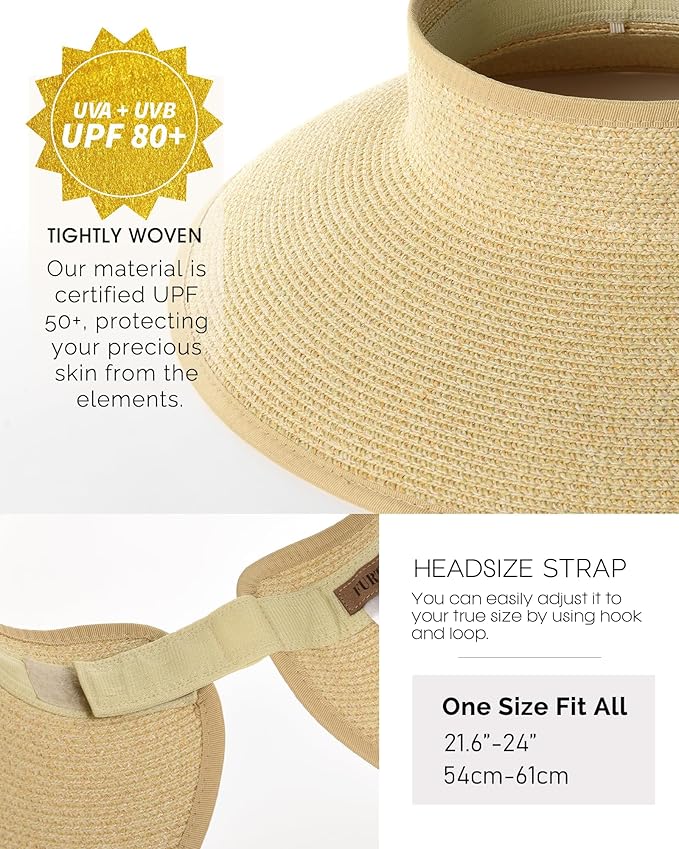 FURTALK Sun Hats for Women Wide Brim Beach Hat Straw Visor Ponytail Summer UV Packable Foldable Beach Vacation Essentials