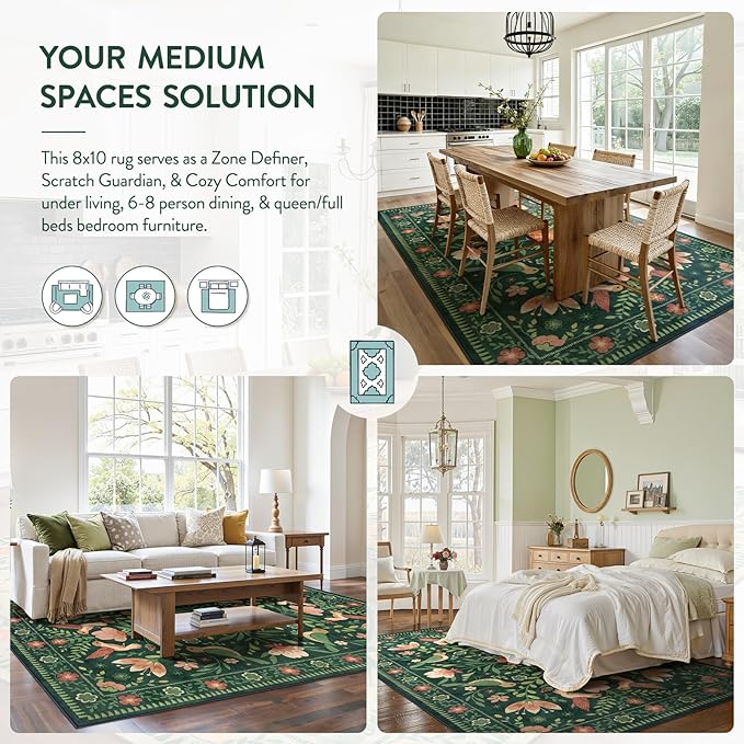Moynesa Green Washable 8x10 Area Rugs for Living Room Bedroom Dining Room, Modern Cottage Farmhouse Aesthetic Floral Bird Medallion Carpet, Vintage Home Decor Open Floor Areas Protection Non-Slip