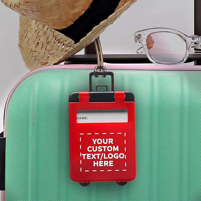 10 Mini Carry-on Luggage Tags Pack - Customizable Text, Logo - Flip Open Cover, ID Sticker - Red