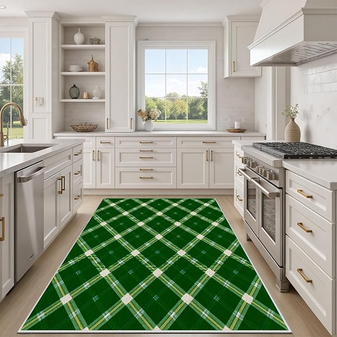 Plaid Rug - 6x8 Rug for Living Room, Geometric Stripes Soft Neutral Indoor Floor Carpet, Non-Slip Stain Resistant Modern Washable Rugs for Bedroom, Green Area Rugs