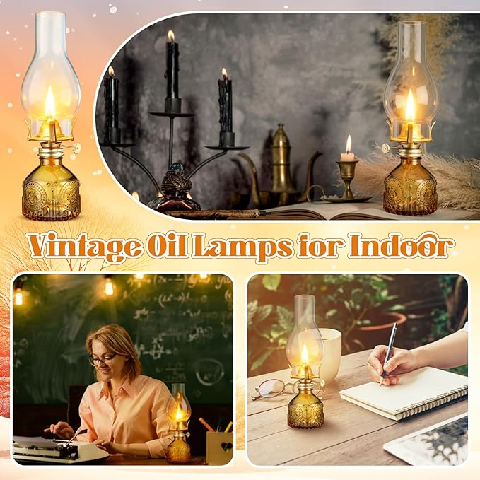 3 Pcs Yellow Chamber Oil Lamps for Indoor Use 10.6'' Vintage Kerosene Lamp Hurricane Oil Lantern Adjustable Fire Wick Decorative Lantern for Valentines Wedding Table Decor Emergency Lighting
