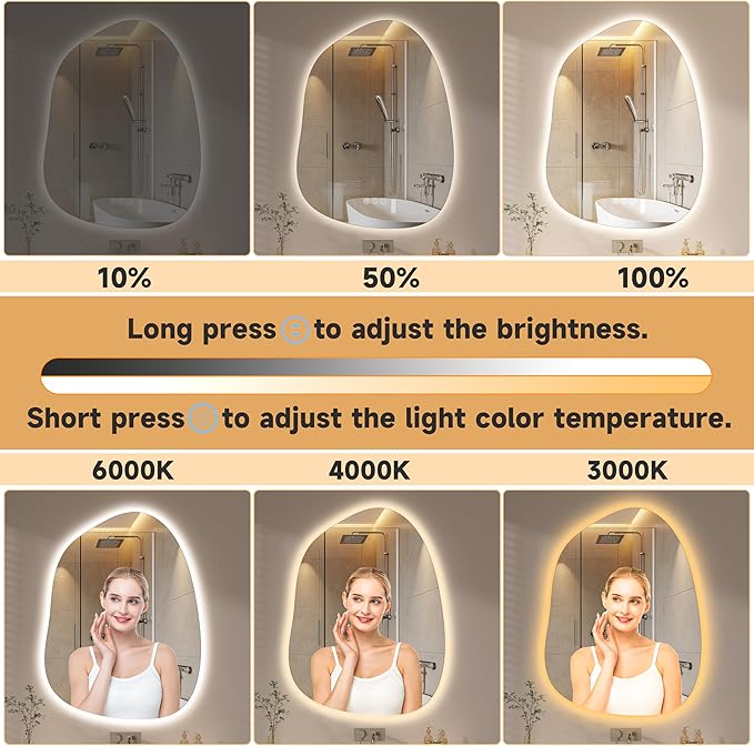 Hasipu Irregular Wall Mirror with Lights- 31"x24" Large Vanity Mirror with Anti-Fog, 3 Color Modes,Dimmable Light, Memory Function, Backlit Wall Mount, Horizontal/Vertical