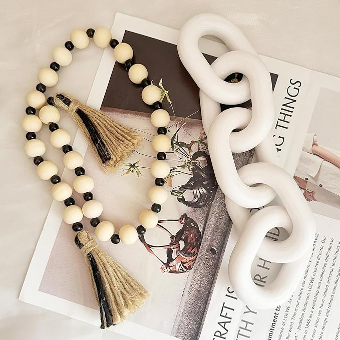 2 Pieces Decorative 5 Link Wooden Chain Decor and Bead Boho Farmhouse Rustic Home Table Decor Coffee Table Shelf Aesthetic Modern Bookshelf Table Wooden Decortion (White)