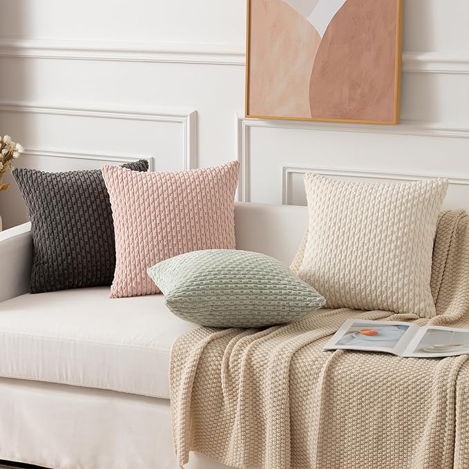 Kevin Textile Euro Sham Pillow Covers 28x28 Inch 2 Packs Soft Boho Striped Corduroy Decorative Throw Pillows for Living Room Couch Bed Sofa Rustic Farmhouse Home Decor 71x71cm Cream White