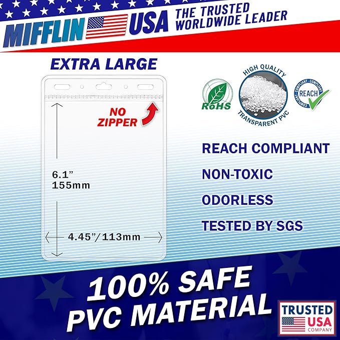 Mifflin-USA Passport & Card Holders (Clear, 4x6 Inches, 100 Pack), Extra Large ID Name Badge Holder, Zipperless Vertical Plastic Card Holders