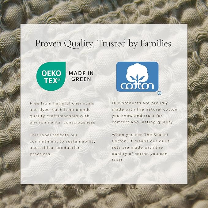 Great Bay Home Full/Queen Size Green 100% Cotton Honeycomb Waffle Quilt and Sham Set - Garment Washed, Waffle Weave Like Texture, Lightweight 3-Piece Bedding Set (Eucalyptus Green)