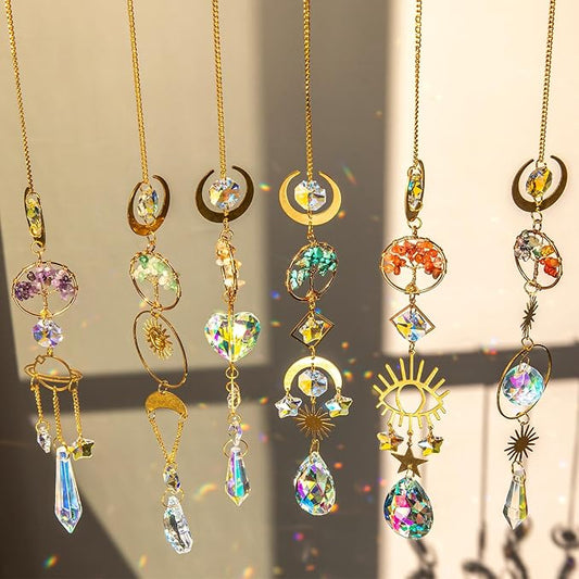 6 PCS Crystal Suncatchers for Window Hanging, Sun Catchers Indoor Window Garden Hanging with Crystals Prism Light Catcher,Tree of Life Crystal Suncatcher for Indoor Outdoor Home Garden Party Decor