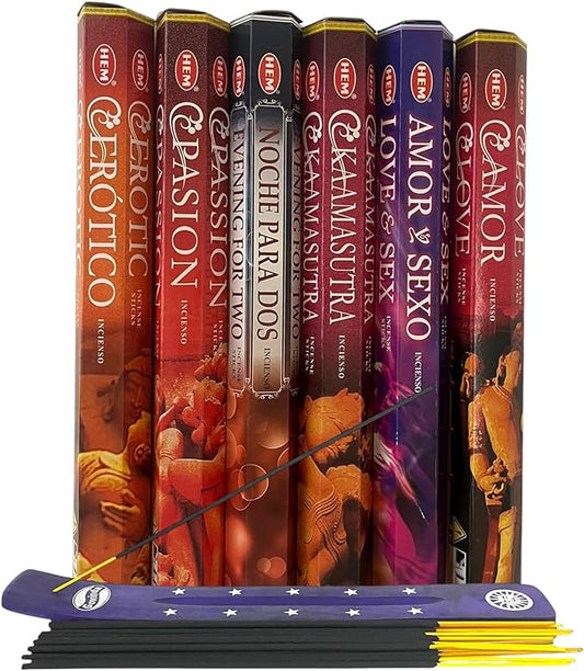 Hem Incense Sticks Variety Pack #3-120 Insence-Sticks (6 Incents x 20 Insense) and Incense Stick Holder Bundle with 6 Love Themed Fragrances