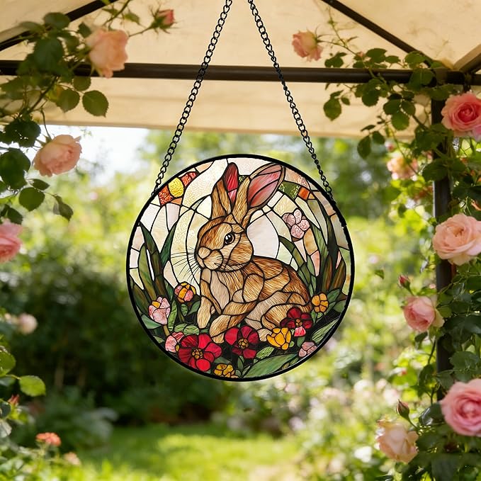 Stained Glass Window Hanging, Cute Bunny Flowers Sun Catcher for Window Door Home Decor, Rabbit Suncatcher Christmas Mother's Day Birthday Gifts for Women Men Mom and Nana 6.3 in