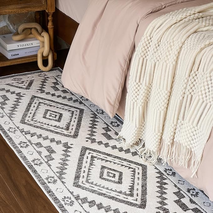 Moroccan Washable Runner Rug 2x8, Geometric Woven Area Rug, Farmhouse Boho Hallway Rug Runner, Non-Slip Soft Lightweight Throw Rug for Bedroom Living Room Laundry Kitchen, Dark Brown/White