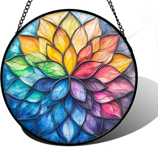 DASTOLL Stained Glass Window Hanging, Colorful Flower Petals Sun Catchers Diamond Glass Panel Hangings Suncatcher Decor for Birthday for Women, Men, Wife, Aunt, and Mom 6.3 in