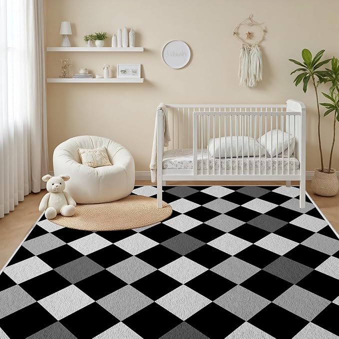 Black and White Rug 5x6, Rhombus Geometric Soft Ultra Soft Faux Wool Low Pile Rug, Indoor Floor Mats Carpet, Non-Slip Stain Resistant Washable Rugs, Modern Abstract Checkered Rugs for Living Room