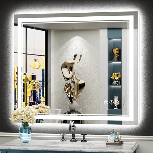 40x36 LED Bathroom Mirror with Lights, Backlit & Front Lit, Anti-Fog Lighted Vanity Mirror for Bathroom Wall, 3 Colors, Dimmable, Memory, Shatter-Proof, HD Tempered Glass, Horizontal/Vertical