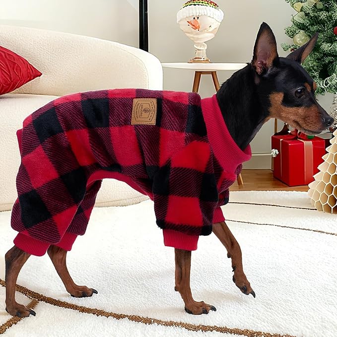 XPUDAC Dog Christmas Sweater Plaid Dog Pajamas for Small Medium Dogs Girl Boy Fleece Puppy Clothes Outfit for Winter, XS