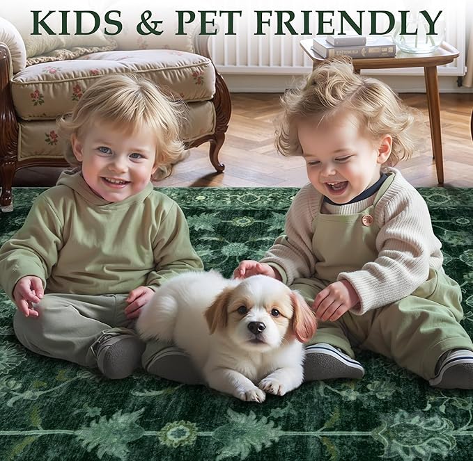 Tangsoo Green 2x5 Runner Rug Non Slip Washable for Kitchen Bathroom, Vintage Floral Boho Rug Runner for Hallway Entryway, Low Pile Carpet Door Mat Indoor Entrance for Bedroom Laundry Pet&Kids Friendly