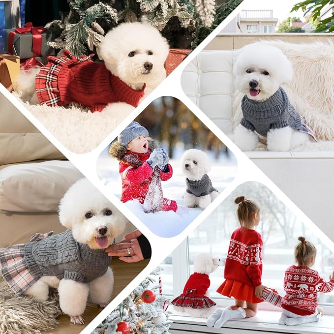 YUDODO Small Dog Sweater Dress with Bowtie Turtleneck - Knitted Pet Girl Dog Winter Clothes - Pet Warm Sweater for Puppy Yorkies, Chihuahua (S Red)
