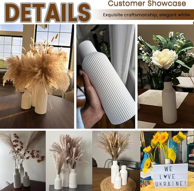 Ceramic Ribbed Vase Set of 3, Modern Farmhouse Decorative Vases in Vintage Blue, Assorted Sizes (5.9"/7.8"/9.8") for Pampas Grass, Living Room, Shelf and Table Centerpiece