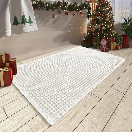 AMOAMI Upgraded Waffle Bath Mat, Super Absorbent Non Slip Bath Mats for Bathroom Floor, Machine Washable Bathroom Rugs with Tassels, Rubber Backed Bathroom Mats, Ultra Soft, 17" x 24", White