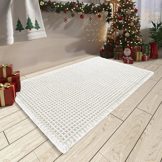 AMOAMI Upgraded Waffle Bath Mat, Super Absorbent Non Slip Bath Mats for Bathroom Floor, Machine Washable Boho Bathroom Rugs with Tassels, Rubber Backed Bathroom Mats, Ultra Soft, 18" x 30"