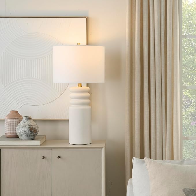 Nourison 28" White Textured Ceramic Ripple Table Lamp for Modern Living Room, Dining Room, Bedroom, Bedside, Reading