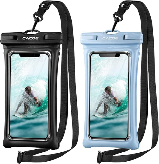 CACOE [Floatable] Floating Universal Waterproof Phone case 2 Pack-Up to 7.0",Phone Pouch with Adjustable Neck Lanyard,IPX8 Cellphone Dry Bags for Vacation Water Activities（Black+Light Blue）