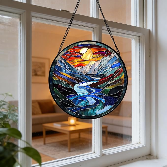 Stained Glass Window Hanging, Canyon Mountains Sunset View Sun Catcher for Window Home Decor Landscape Suncatcher Mother's Day Birthday Gifts for Women Men Mom and Nana 11.8 in