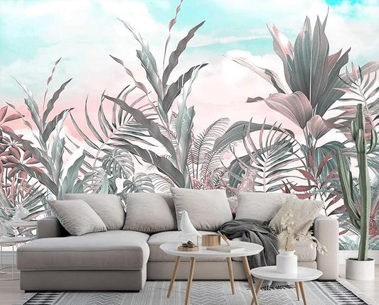 Tropical Leaves Flowers Seamless Pattern Mural, Wallpaper for Bedroom, Living Room, Bathroom Decorative Art Background Wall（Non-self-Adhesive）