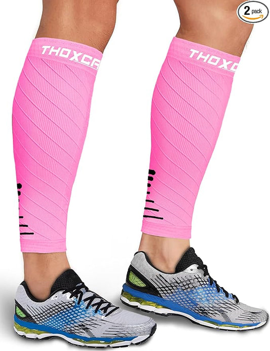 Thoxcare Calf Compression Sleeve for Men Women (2 Pairs), Leg Support Footless Compression Socks for Running - Shin Splint Varicose Veins Swelling & Pain Relief, Pink/Black, X-Large