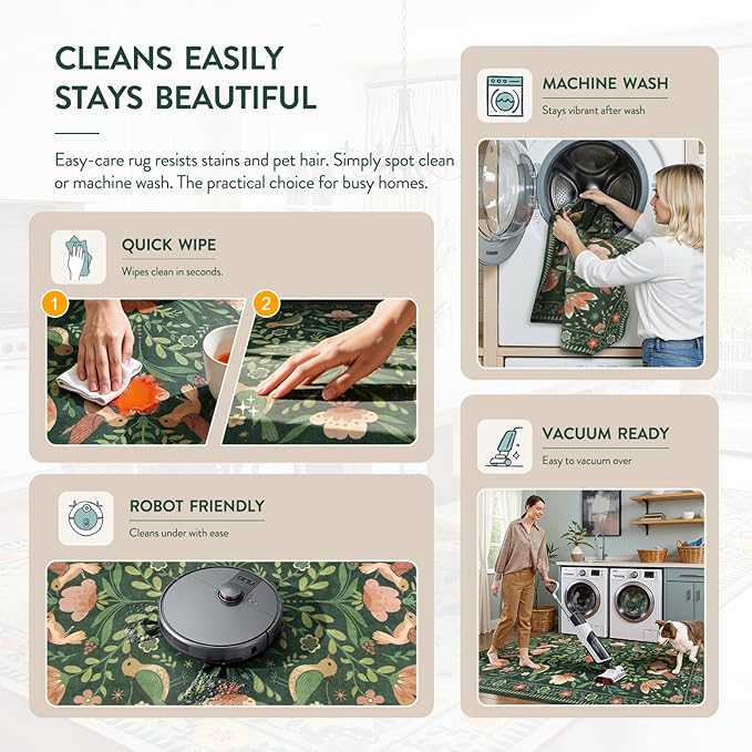 Moynesa Area Rugs 9x12 Green Vintage Home Decor, Modern Cottage Farmhouse Aesthetic Floral Bird Medallion Carpet for for Living Room Bedroom Dining Room,Non-Slip Washable Floor Protection