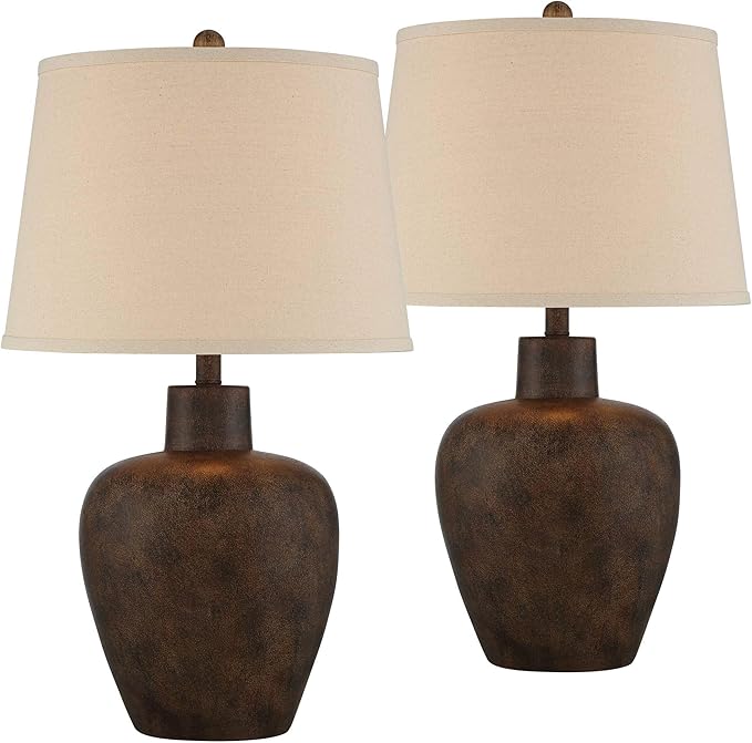 Regency Hill Glenn Farmhouse Rustic Southwestern Natural Cottage Table Lamps 27" Tall Set of 2 Dark Terra Cotta Tapered Fabric Drum Shade Decor for Living Room Bedroom House Bedside Nightstand