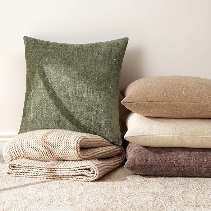 MIULEE Pack of 2 Decorative Throw Pillow Covers Soft Chenille Christmas Throw Pillows Solid Textured Cushion Covers for Spring Couch Sofa Bedroom Living Room 20x20 Inch, Olive Green