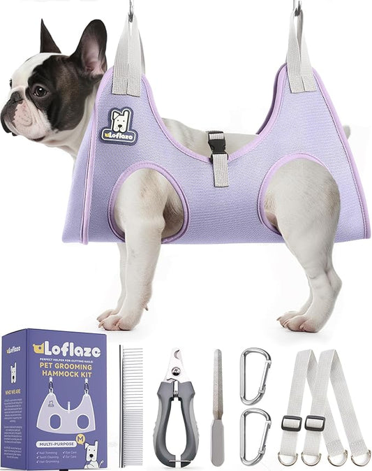 Loflaze Dog Grooming Hammock Harness for Dogs & Cats with Pet Nail Clipper Trimmer - Cat Hanger Sling for Trimming Clipping Nails- Dog Hammock Restraint Bag for Small Medium Large pet （ Purple M）