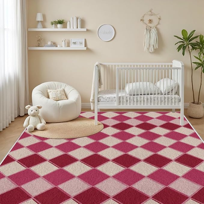 Plaid Rug, Soft Ultra Soft Faux Wool Rhombus Geometric Rugs, Indoor Floor Mats Carpet, Non Slip&Non-Shedding Low Pile Washable Rugs, Modern Red 5x8 Area Rug for Bedroom Home Decor