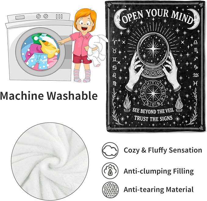 Black White Tarot Zodiac Signs Blanket Halloween Holiday Decor Occult Throw Gifts for Adults Lightweight Soft Fleece Divination Crystal Ball Blankets for Sofa Couch Witchy Decoration 50x60in