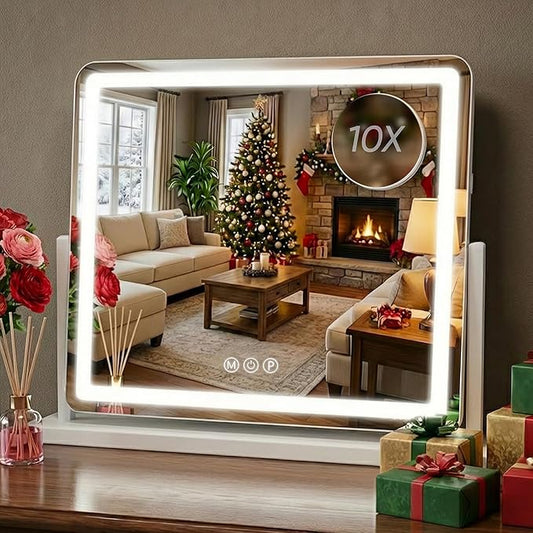 Antok Vanity Mirror with Lights, 24"X20" Lighted Makeup Mirror, Smart Touch, 3 Color Modes and Brightness Adjustable, LED Vanity Mirror with Detachable 10X Magnification, 360° Rotation for Makeup Desk