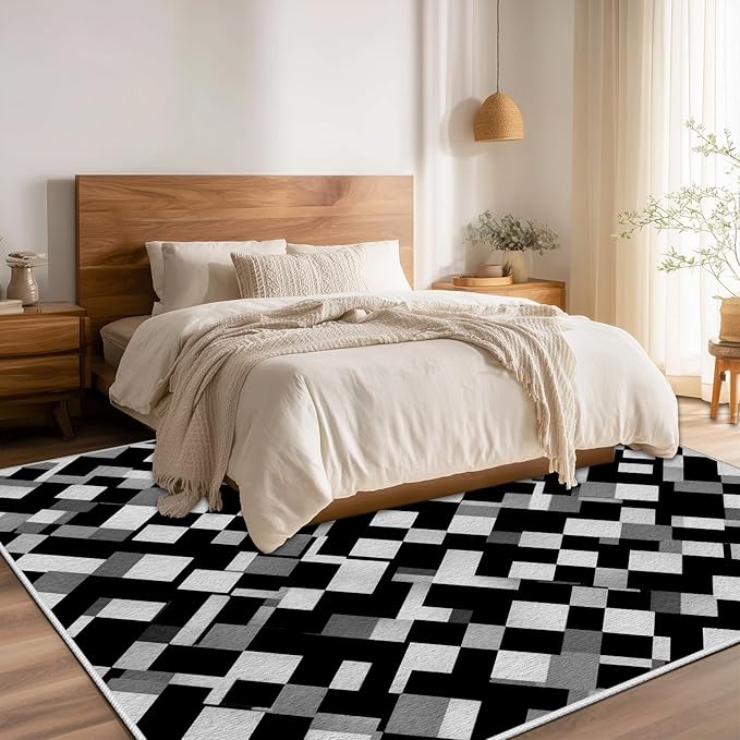 Black White and Grey Rug - Geometric Area Rug, Area Rugs 6x8, Modern Abstract Rugs, Irregular Block Splicing Carpet Washable Non Slip Home Decor Carpet for Living Room