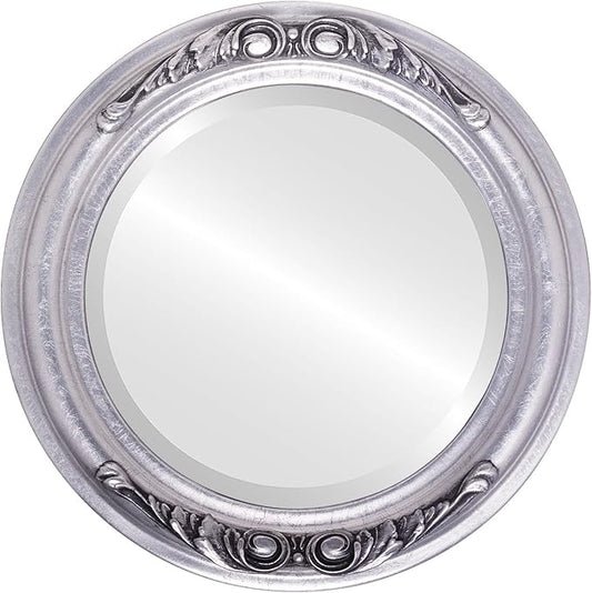 OVALCREST Round Beveled Wall Mirror for Home Decor - Florence Style - Silver Leaf with Black Antique - 34x34 Outside Dimensions