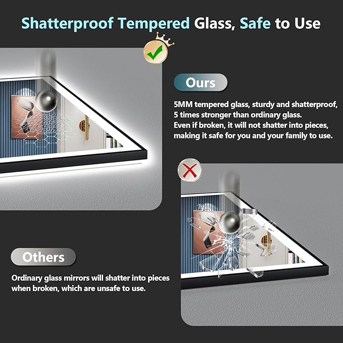 66x36 Inch Black Framed LED Bathroom Mirror with Lights, Backlit & Front Lit, Anti-Fog Lighted Vanity Mirrors for Bathroom Wall, Dimmable, 3-Color Light, Memory, Shatter-Proof, Tempered Glass