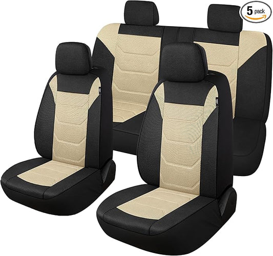 Pariiaotin 3D Air Mesh Car Seat Cover Full Sets Washable and Breathable Premium Cloth Automotive Vehicle Seat Covers for Cars Interior, Universal Fit for Most Cars, Sedan, Truck, SUV(Black/Beige)