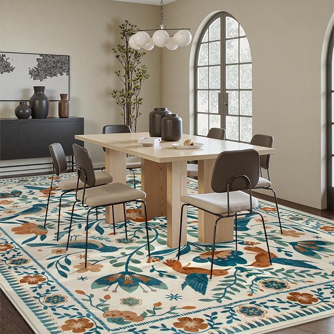 Moynesa Area Rugs 9x12 Retro Home Decor, Modern Bohemian Farmhouse Floral Bird Print Pattern Medallion Carpet for Large Living Room Bedroom Dining Room,Floor Protection Non-Slip Washable