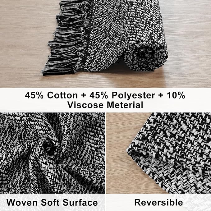 Collive Black Bathroom Rug, 2' x 3' Hand-Woven Washable Small Kitchen Rugs, Cotton Reversible Entryway Rug Modern Farmhouse Carpet for Foyer Bedroom Back Door