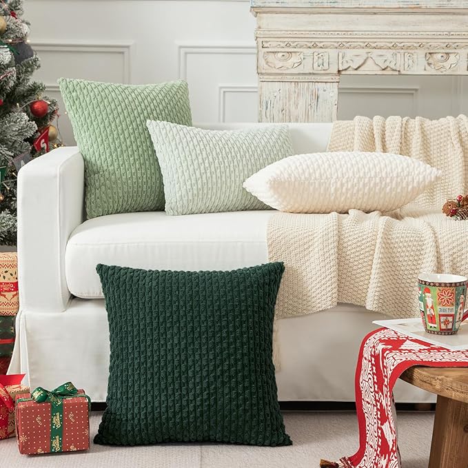 Kevin Textile Christmas Decorative Pillow Covers Set of 2 Striped Plush Corduroy Pillows Pillowcases Boho Home Decor Cushion Covers for Couch Sofa Bed Living Room 18x18 Inch, Army Green