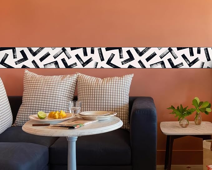 FLFK Black and White Design Wallpaper Border - Peel and Stick Wall Paper, Self Adhesive Removable PVC Borders Sticker, Modern Waterproof Trim for Home Decor, 8" x 240"