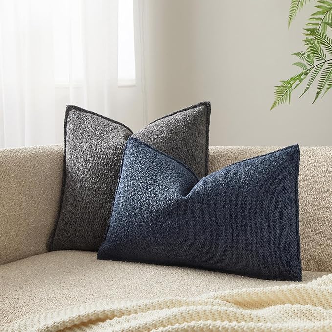 JUSPURBET 14x24 Pillow Covers Set of 2 Decorative Throw Pillow Covers Case for Couch Sofa Bed Soft Boucle Textured Lumbar Cushion Covers with Hidden Zipper for Home Decor Living Room,Navy Blue