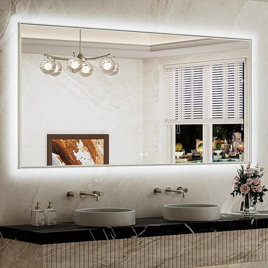 TETOTE 72 x 36 Backlit Bathroom Mirror Brushed Nickel Metal Frame LED Light Vanity 3-Color White/Warm/Natural Stepless Dimmable Anti-Fog Backlight Mirror Wall-Mounted
