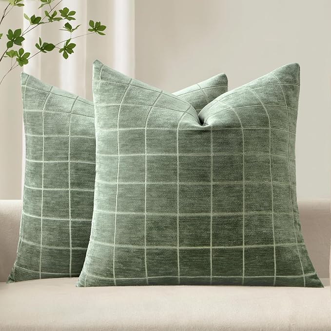 MIULEE Decorative Chenille Check Throw Pillow Covers Vintage Plaid Couch Pillows 20x20 Inch Set of 2 Neutral Boho Farmhouse Cushion Covers Modern Spring Home Decor for Sofa Bed Living Room Sage Green