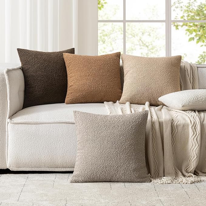 Woaboy Pack of 2 24x24 Inch Decorative Boucle Throw Pillow Covers Textured Square Pillowcaes Accent Euro Solid Cozy Soft Cushion Covers Home Decor for Sofa Couch Living Room Home Decor,Brown