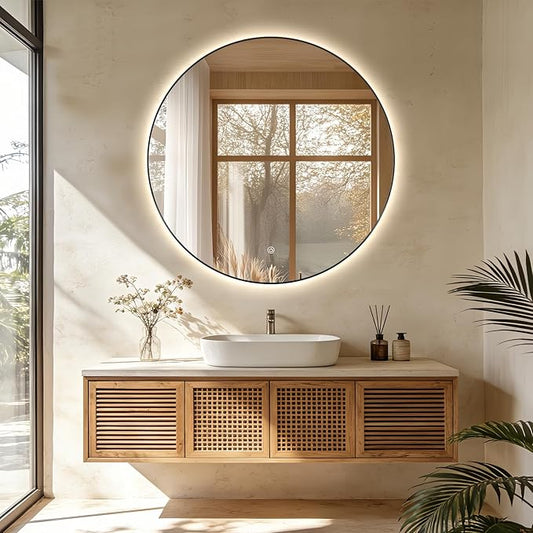 44" Round LED Bathroom Mirror, Wall Mounted Round Backlit Mirror LED Bathroom Vanity Mirror with Lights Fog Free Circle Lighted Mirror with Black Frame, Smart Light up Mirror 3-Color